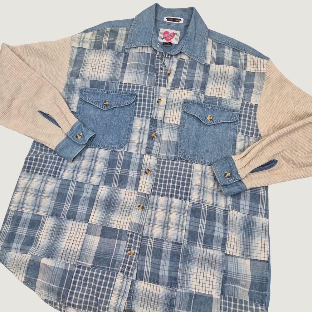 Vintage Patchwork Plaid Shirt Waffle Knit Sleeves Blue Cream Keren Heart Medium